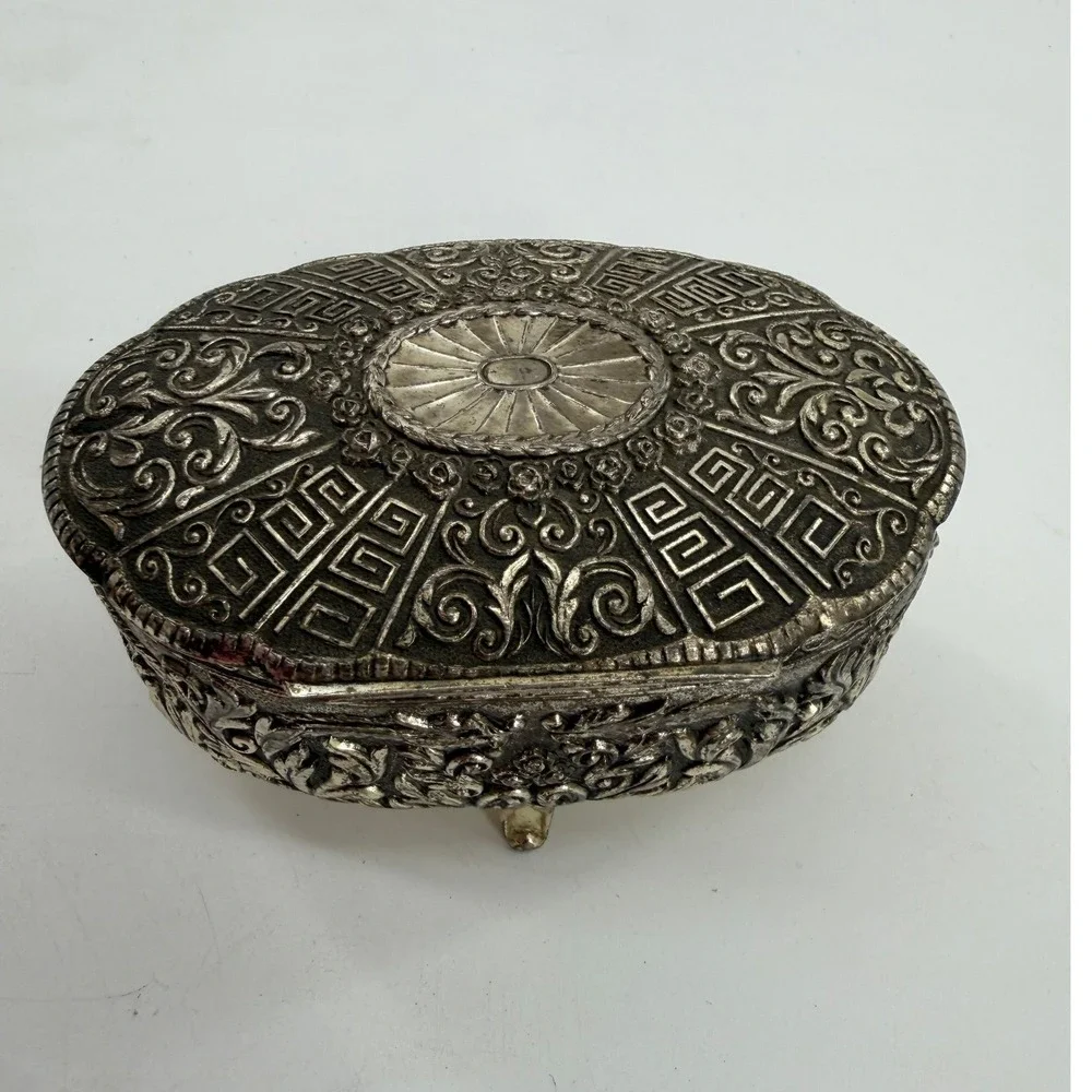 Jewelry Trinket Box Silver Plate Ornate Footed Floral Greek Key Vintage